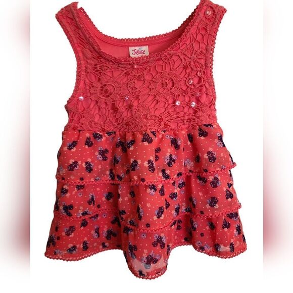 JUSTICE Top Tiered Sleeveless Blouse Sequins Lace Ruffle Floral Print Sz… - Picture 1 of 9